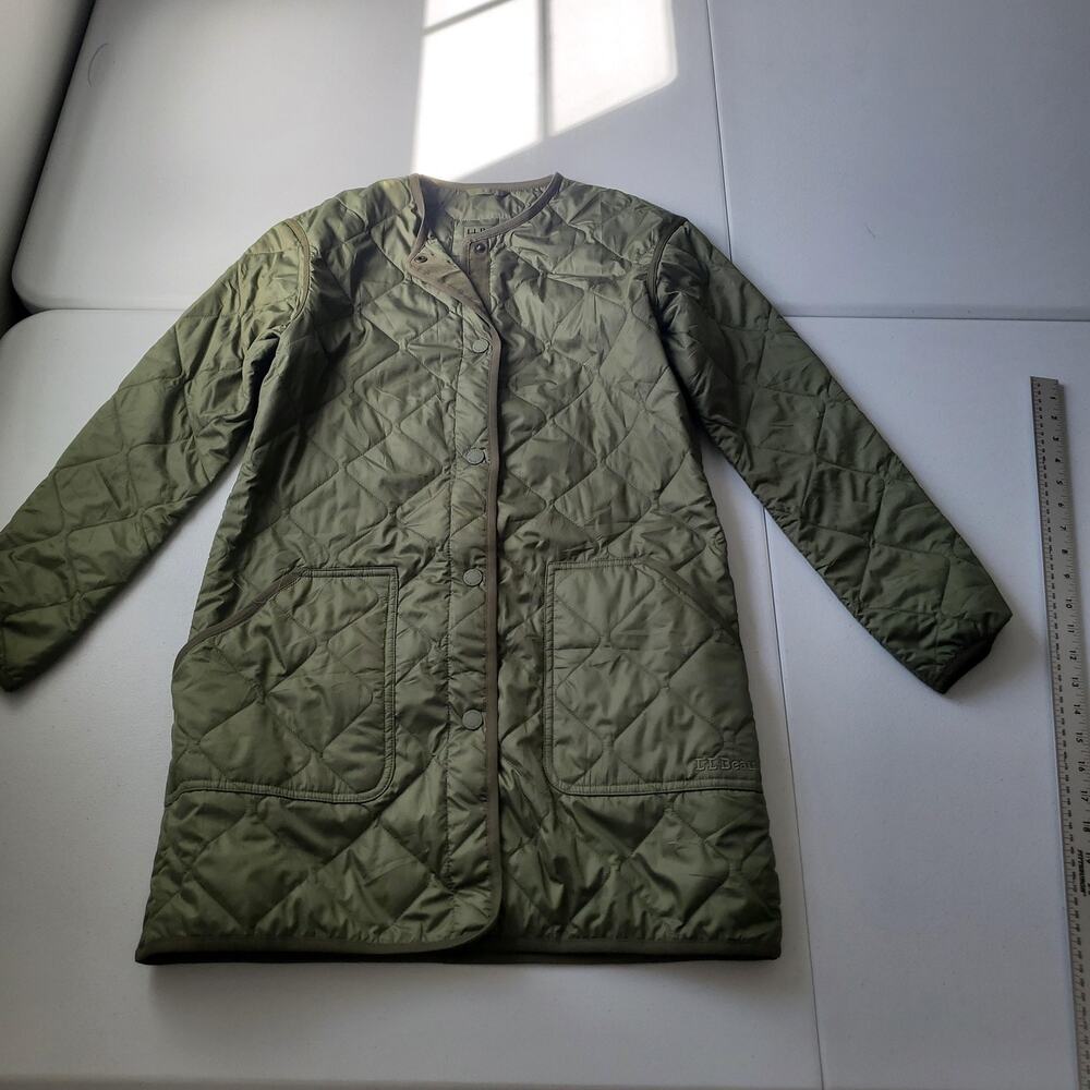 LL Bean Coat Womens XS Green Quilted Collarless Snap Front Pockets Lined Warm